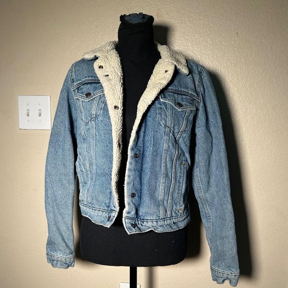 Levis Sherpa Lined Denim Jacket Blue Y2K Trucker Jean Jacket Womens Medium